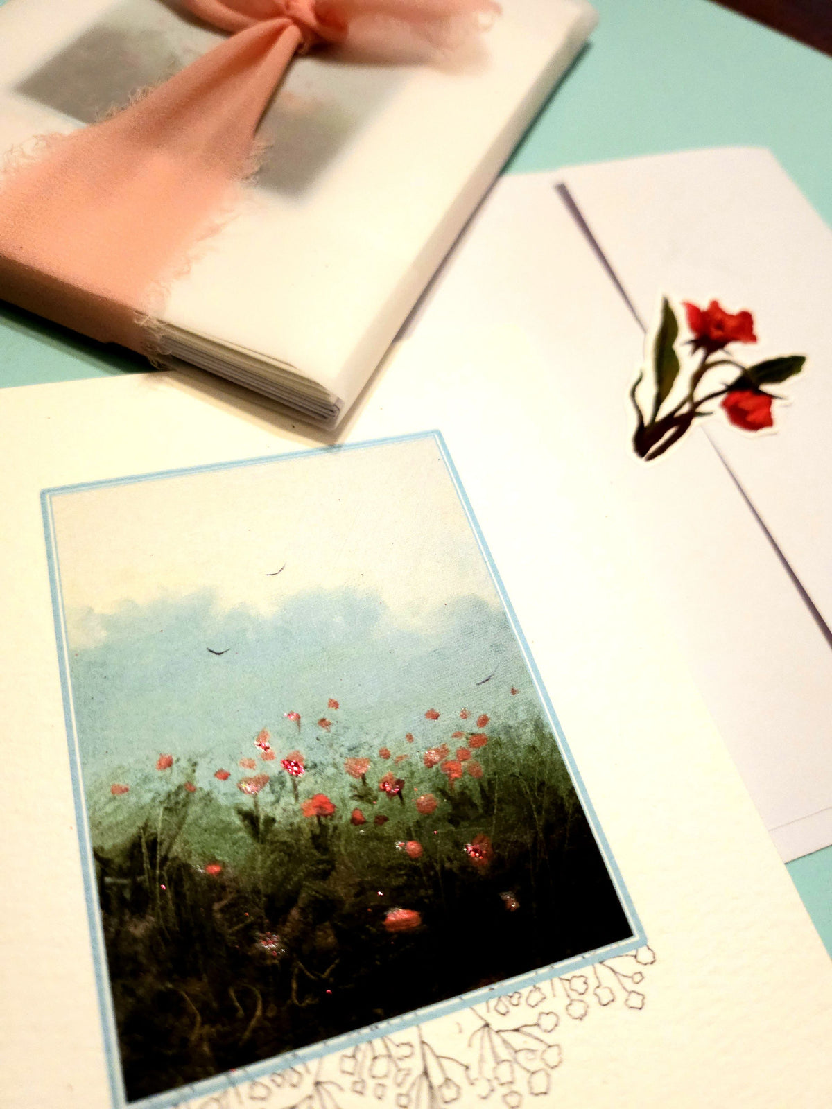 Hand-Embellished Poppy Field Note Card Set with Poppy Sticker Seals